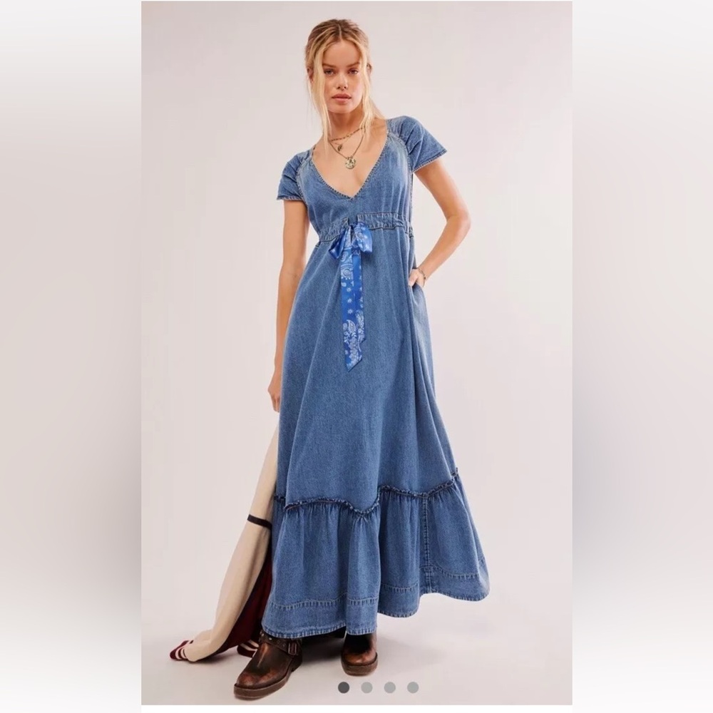 Free People Roucha Maxi Dress Ruffle Tiered Hem Bandana Tie Waist Blue Shadow